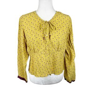April Cornell Blouse Women Small Yellow Floral Button Up Tie Neck Long Sleeve